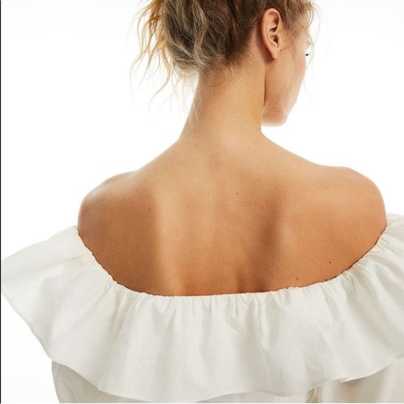 H&M White Flounce Sleeve Off-The-Shoulder Linen Mini Dress - Picture 3 of 10